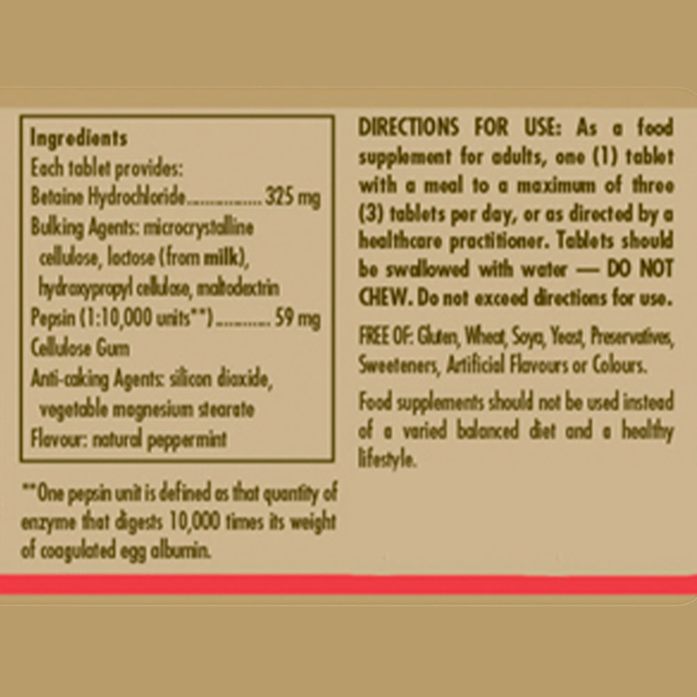 Solgar Betaine Hydrochloride with Pepsin Tablets - Pack of 100