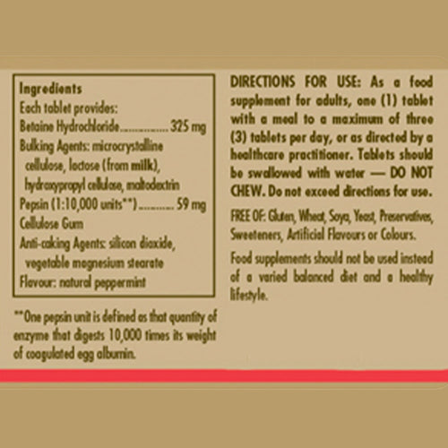 Solgar Betaine Hydrochloride with Pepsin Tablets - Pack of 100