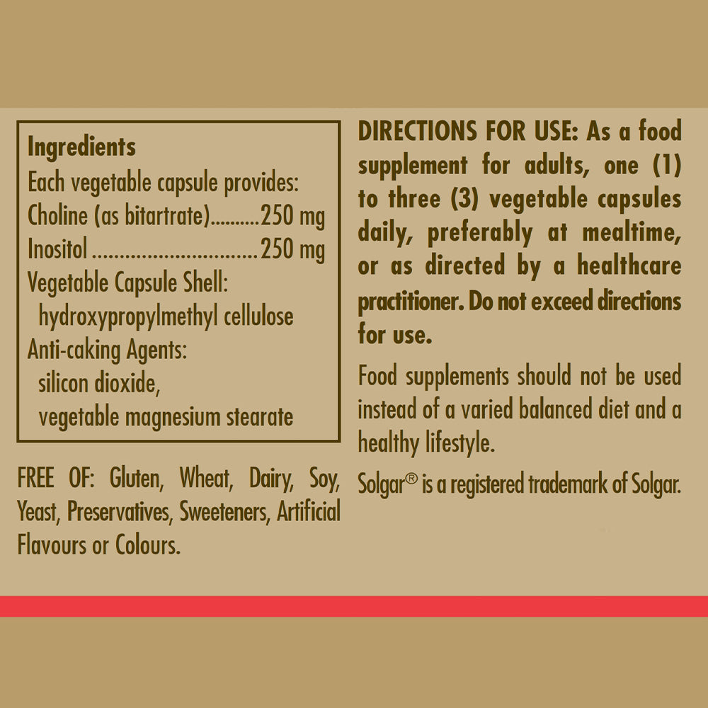 Solgar Choline 250 mg / Inositol 250 mg Vegetable Capsules - Pack of 50