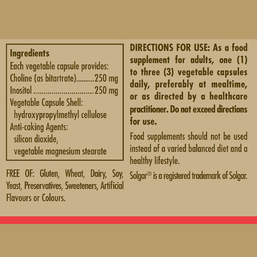 Solgar Choline 250 mg / Inositol 250 mg Vegetable Capsules - Pack of 50