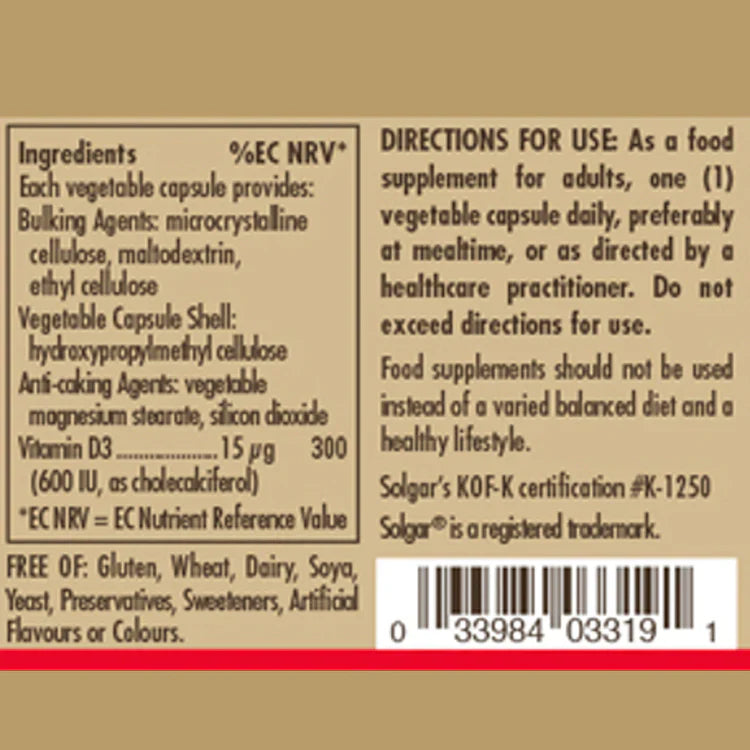 Solgar Vitamin D3 (Cholecalciferol) 600 IU Vegetable Capsules
