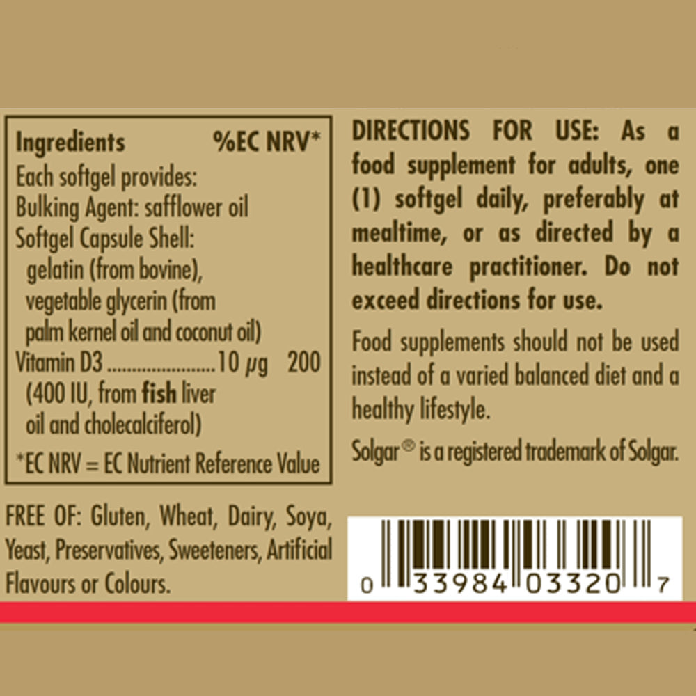 Solgar Vitamin D3 400 IU (10 mcg) Softgels - Pack of 100
